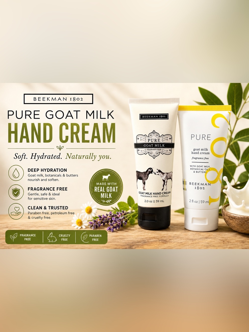 Beekman 1802 Pure Goat Milk Fragrance Free Hand Cream Set 2 oz Duo